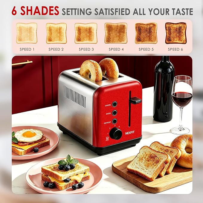Toaster 2 Slice, Stainless Steel, 6 Shade Settings, 1.5" Extra Wide Slots | NEXFIT Retro Toaster with Bagel, Defrost, Reheat & Cancel Functions, 900W, Removable Crumb Tray, High Lift, Cord Wrap, Red