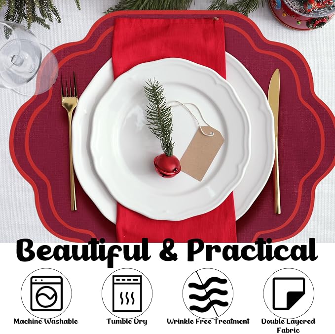 6 Pcs Wine Red Wedding Placemats Scalloped Embroidered Cotton Linen Placemats 17" x 13" Double Layered Machine Washable Table Place Mat for Party Table Decor (Cotton)