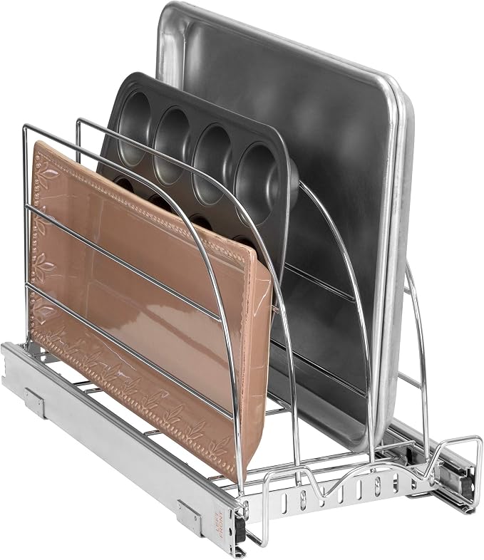 Pull Out Organizer for Bakeware, Cutting Board and Trays, 8.5"W x 21"D | Stores Cutting Board and Trays, Adjustable Dividers, Heavy Duty, Lifetime Limited Warranty - For Narrow Cabinet Spaces