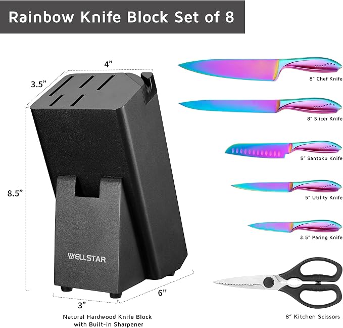 WELLSTAR Rainbow Knife Set 8 Pieces, Iridescent German Stainless Steel Kitchen Knives Set with Wooden Block, Colorful Titanium Coating, Chef’s Knife Block Set with Scissors and Built-in Sharpener