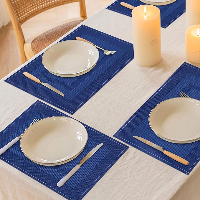 Navy Blue Placemats Set of 4, 12x18 Inch Washable Easy to Clean Heat-Resistant Anti-Skid Grey Placemats for Holiday Party Kitchen Dining Room Decoration