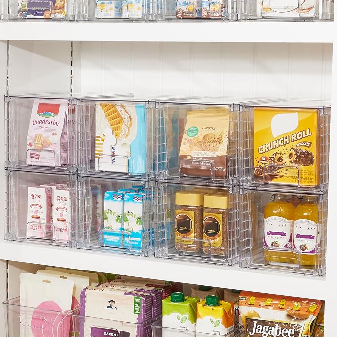 Vtopmart 4 Pack Stackable Clear Pantry Storage Drawers, Large | Large Clear Drawers with Handles. Stackable, Easy to Assemble, Non-slip and Sturdy for Pantry, Kitchen, Cabinet & Bathroom.