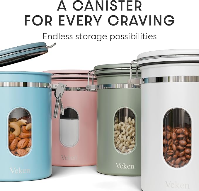 Veken Coffee Canister with Window, Airtight Stainless Steel Container, 22OZ | Date Tracker,Kitchen Food Storage Organizers for Beans, Ground, Espresso, Rice,Tea, Sugar,Cereal, Gifts,Lids,Jars,Scoop,Green
