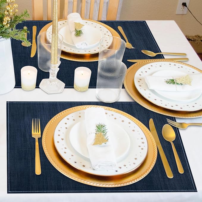 Dark Blue Placemats Set of 4, 12x18 Inch Washable Easy to Clean Heat-Resistant Anti-Skid Navy Blue Placemats for Holiday Party Kitchen Dining Room Decoration