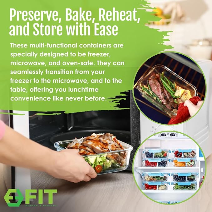 Glass Meal Prep Containers 1 & 2 & 3 Compartments, Airtight, 35 oz, 3 Pack | Divided Bento Lunch Box, Portion Control Food Storage Containers for Adults, Microwave Oven Freezer Safe, LeakProof Lids Blue