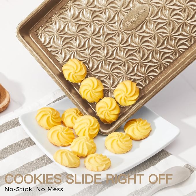 Nonstick Baking Sheet Pan Set of 3, Cookie Sheets for Oven, Non-Toxic Half/Quarter/Jelly Roll Pans with Floral Swirl Texture, Heavy Duty 0.8mm Thick Oven Trays for Cooking, Antique Gold