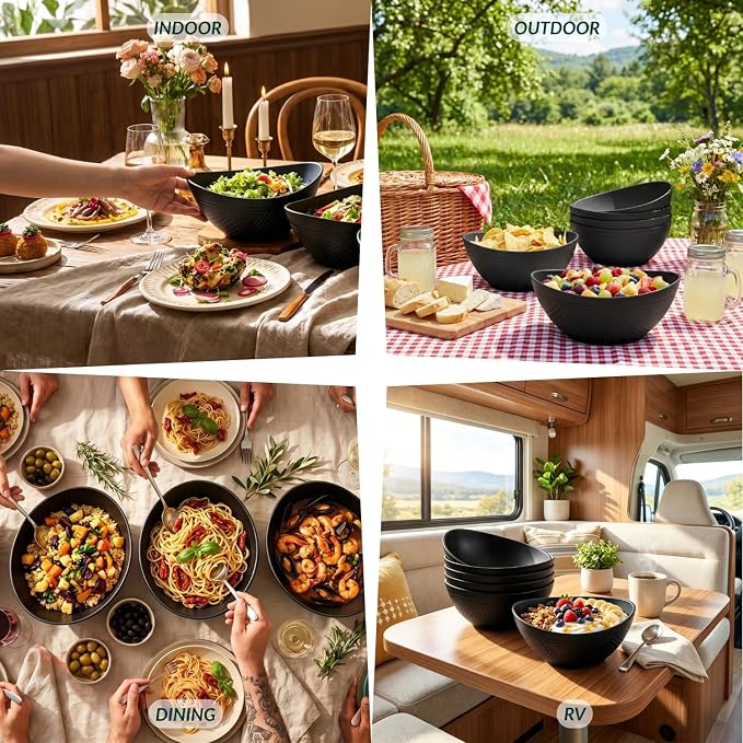 Wheat Straw Bowls Set of 6, 60 OZ Salad Bowl Large Capacity for Soup, Popcorn - Unbreakable Serving Bowl - Microwave & Dishwasher Safe Bowl, Alternative for Plastic Bowls for Kitchen - Black