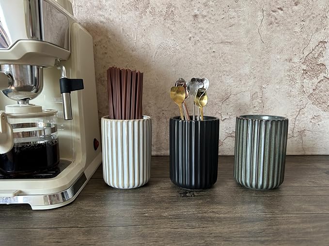 TOPYOKK Stoneware Coffee Bar Utensil Holder Tea & Coffee Spoon & Stirrer Holder for Stir Stick Straw Teaspoon Holder Espresso Spoon Cup Small Utensil Jar Fluted Vertical Stripe (Matte Black)