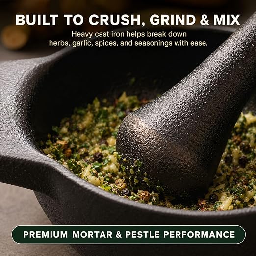 Alva Nori Enameled Cast Iron Mortar & Pestle Set | 2-cup, 4-inch capacity, Spice Grinder Bowl, Heavy-Duty Herb & Garlic Crusher with Textured Interior