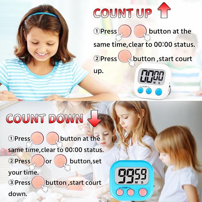 Timer for Kids Digital Kitchen Timers for Cooking- 2 Pack Blue White | Countdown Timer for Classroom Study Exercise Teacher Supplies, Strong Magnetic, Loud Alarm, Large Screen, Fast Reset, Memory
