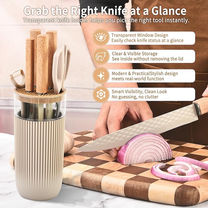 Knife Set, 7-Piece Kitchen Knife Set with Sharp Chef and Meat Knives, Anti-Rust Utility Knives Set for Kitchen, Kitchen Knife Block Set – Khaki