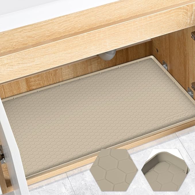 Silicone Under Sink Mat, 34"x22", Waterproof Cabinet Liner, Khaki | Shelf Liner, Cabinet Protector, Home Organizer, for Kitchen, Bathroom, Multipurpose, Leak Proof, Easy Clean, Drip Tray, Clean