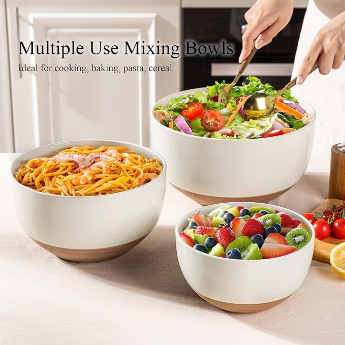 AmorArc Ceramic Mixing Bowls,Stoneware Nesting Bowls Set of 3 for Kitchen | Serving Bowls with Rustic Terracotta Underside for Mixing,Cooking,Baking,Salad,Microwave&Dishwasher Safe 4.6/2.8/1.3 Qt-Beige