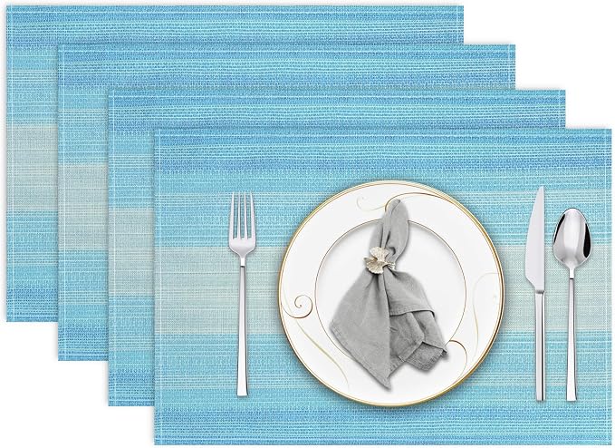 Placemats, Placemats Set of 4 Washable Place Mats, Blue 12" x 18" | Easy to Clean, Heat Resistant Table Mats, Wipeable Linen Placemat for Holiday Party Kitchen Dining Table Decoration