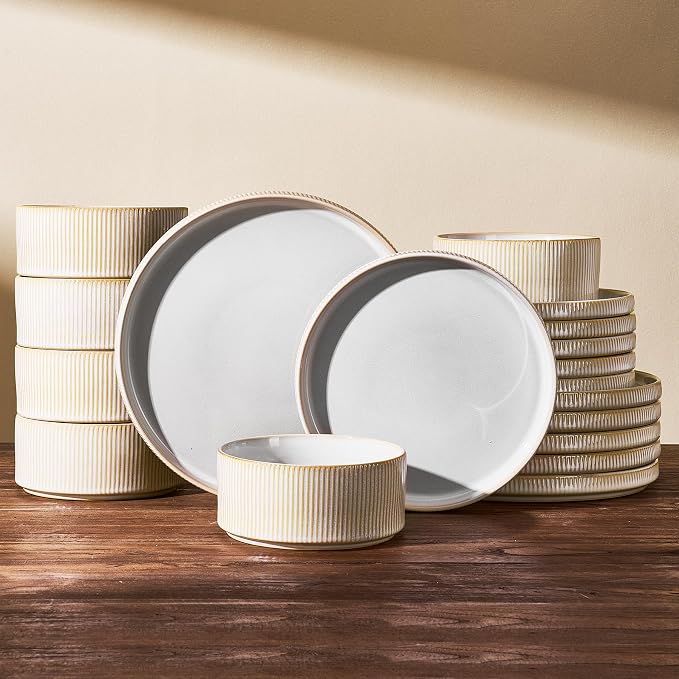 Dinnerware Set for 6, Ceramic Ribbed Plates, Bowls, Dishes | 18pcs Stoneware Dinner Sets, Handmade Reactive Glaze, Microwave & Dishwasher Safe, Chip & Scratch Resistant, Cappuccino White