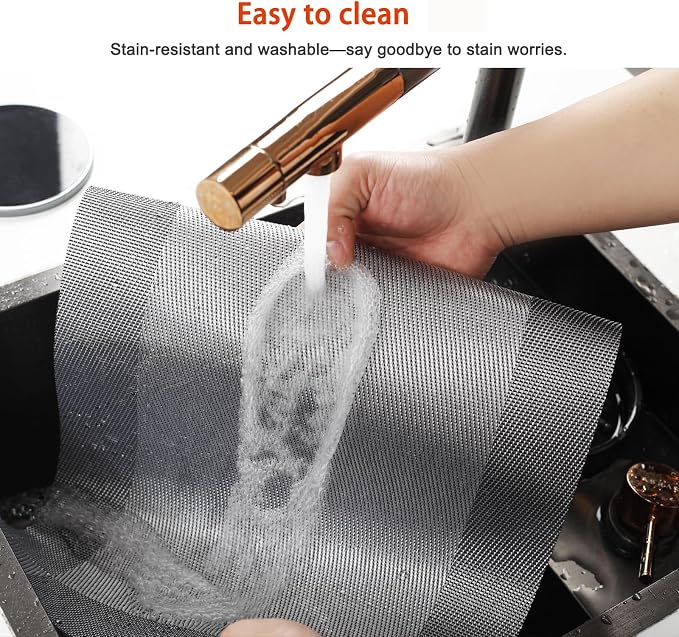 Silver Vinyl Placemats Set of 6,Washable Dining PVC Table Mats | Heat resistant, stain resistant non slip vinyl place mats, washable silver table placemats for dining table