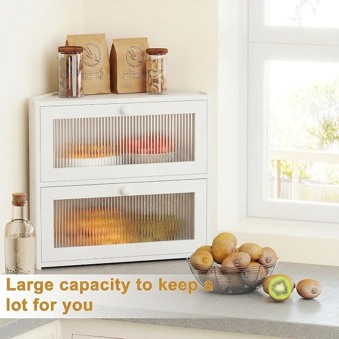 BAMBANG Corner Bread Box for Kitchen Countertop, Double Layer Bamboo Bread Storage Container with Wavy Windows, Farmhouse Large Bread Bin, Wooden Breadbox Holder for Homemade Bread (White)