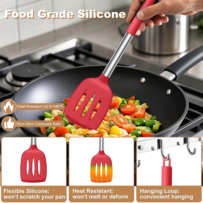 LIANYU Silicone Kitchen Utensils, 6 Pcs Cooking Utensils Spatula Set, Red | For Nonstick Cookware, 446°F Heat Resistant Kitchen Spatula Gadgets Tools, Stainless Steel Handle, Food Grade