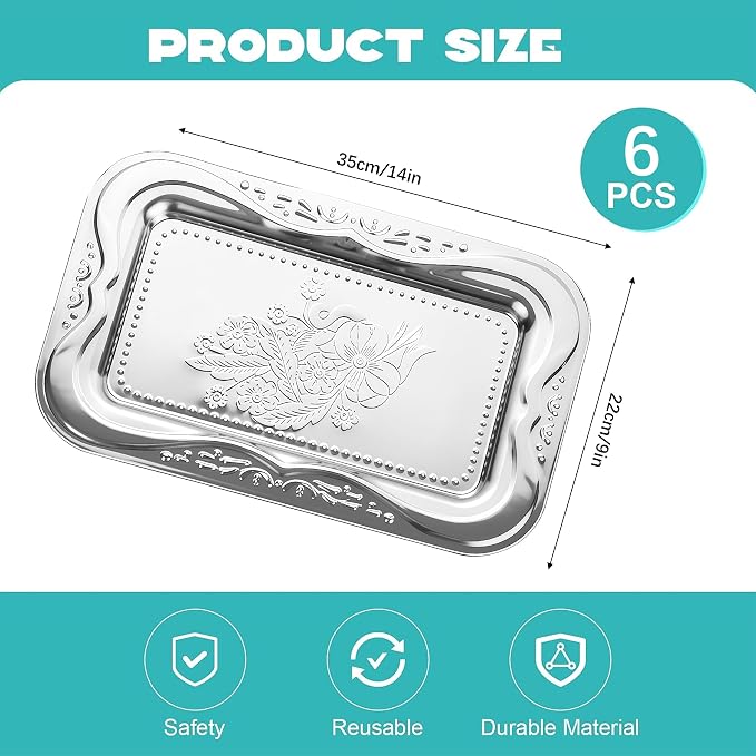 Silver Serving Tray Set of 6, 14 x 9 Inch Silver Platters for Serving Food Party, Bow Floral Engraved Mirror Trays for Charcuterie Cookies Desserts Snacks Fruit, Weddings Birthdays Festive Occasions