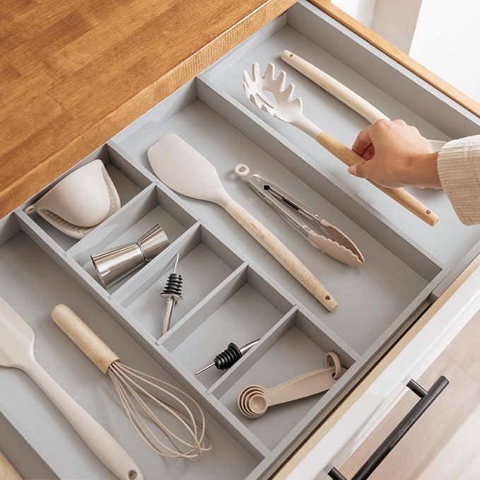 Utensil & Junk Drawer Organizer, 19-33 in, Gray Bamboo | Food-safe contract grade, 100% sustainable wood, non-slip, adjustable