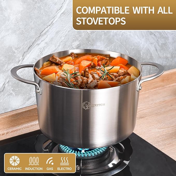 LOLYKITCH 3-Quart Tri-Ply Stainless Steel Steamer Pot with Glass Lid | Steaming Pot for Cooking | 2 Tier Induction Steamer Pot for Tamales Seafood Vegetables Dumplings | Stock Pot | Thick