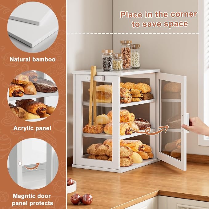 WOWLIVE Bread Box for Kitchen Countertop, 3 Layers Bread Storage Container | Large Bamboo Bread Bin for Homemade Bread with Window, Farmhouse Breadbox Organizer for Kitchen, Cabinet, White, Meduim