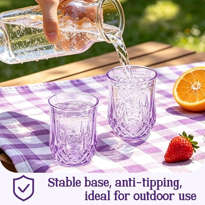 24 Pack 12 Oz Plastic Stemless Wine Glasses, Purple | Unbreakable, Reusable, Elegant Vintage Design, Fancy Cocktail Cups, Whiskey, Champagne, Wedding, Party, Bars, Holiday Events