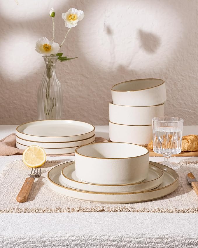 Famiware Nebula 18-Piece Dinnerware Set, Matte Beige White with Brown Rim | Stoneware Plates and Bowls, Handmade Reactive Glaze, Microwave & Dishwasher Safe, Chip & Scratch Resistant