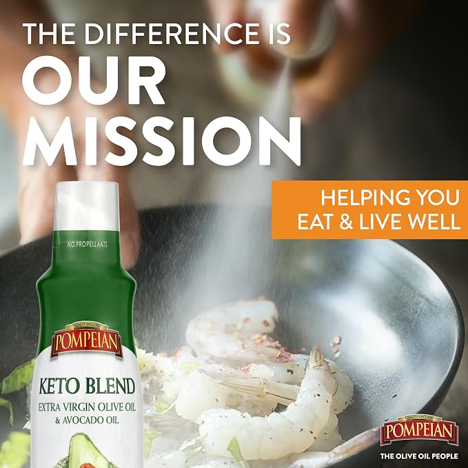 Pompeian Keto Extra Virgin Olive Oil & 100% Avocado Oil Cooking Spray, Buttery Flavor, Perfect for Sauteing, Stir-Frying, and Roasting, Naturally Gluten Free, Non-Allergenic, Non-GMO, No Propellants, 5 FL. OZ., Single Bottle