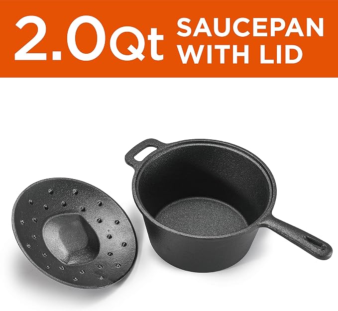 Commercial Chef 2-Qt. Saucepan with Lid, Pre-Seasoned Cast Iron, CHCI20 | Integrated Handles, Works on All Cooktops Including Induction, Outdoor Skillet for Campfires or Grills