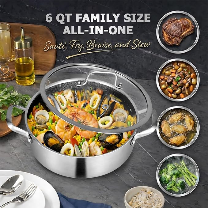 Inqibee 6 QT Saute Pan with Lid, 12 Inch Deep Frying Pan, Detachable Handle | Hybrid Ceramic Nonstick Cookware, Tri-Ply Stainless Steel Pan, Jumbo Cooker, Induction Cooking Pan, Dishwasher and Oven Safe