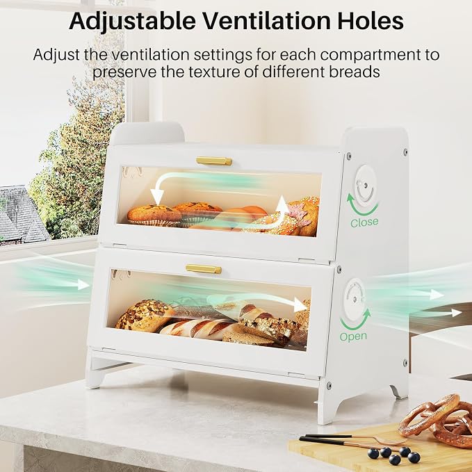 SNTD 2 Tier Bread Box for Kitchen Countertop, Adjustable Ventilation, White | Bamboo Cutting Board, Airtight Design, See-Through Magnetic Door, Bread Storage Container for Homemade Bread, Multi-purpose