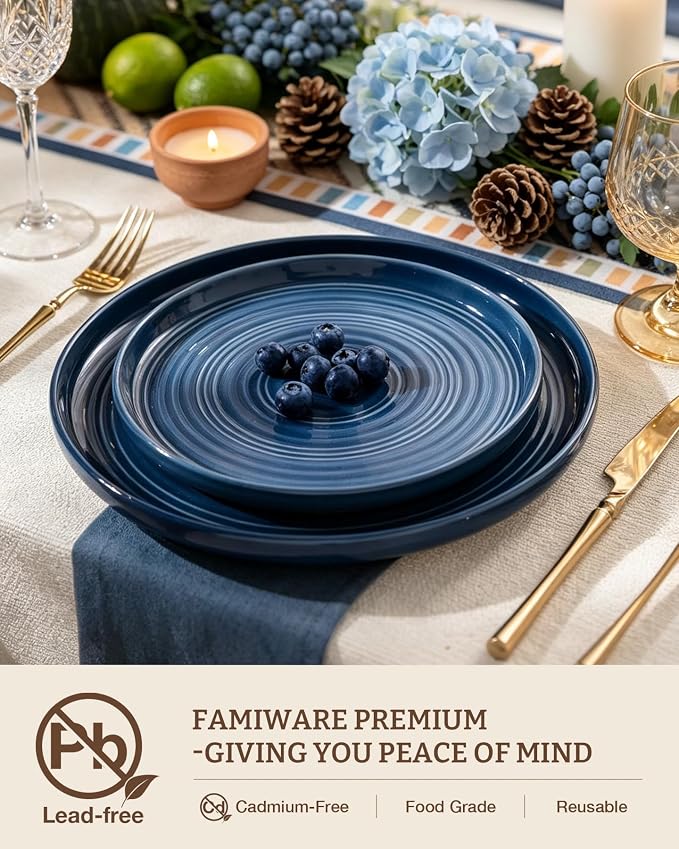 Dinnerware Set for 4, Ceramic Plates & Bowls, Abyssal Blue | 12-Piece Ceramic Speckled Spiral Dishes, Chip & Scratch Resistant, Microwave & Dishwasher Safe, Everyday Use, Farmhouse Style