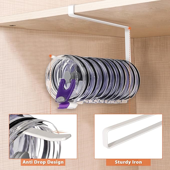 2 Pack Tumbler Lid Organizer, Versatile Tumbler Storage Holds 20 Lids White | Space Saving Cup Lid Organizers Inside Cabinet Tumbler Lid Hook for Kitchen Organizer and Storage, Paper Towel Rack Hanger