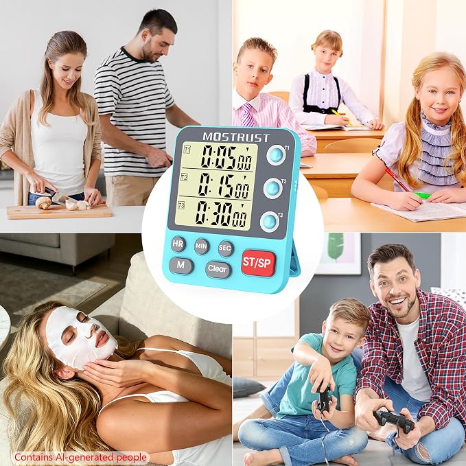 Digital Dual Kitchen Timer, Multiple Channels Countdown Timer | 3-Groups Triple Timer with Magnet-Back Memory-Preset Large Display Adjustable Volume, 3A Battery Included, Ideal for Cooking
