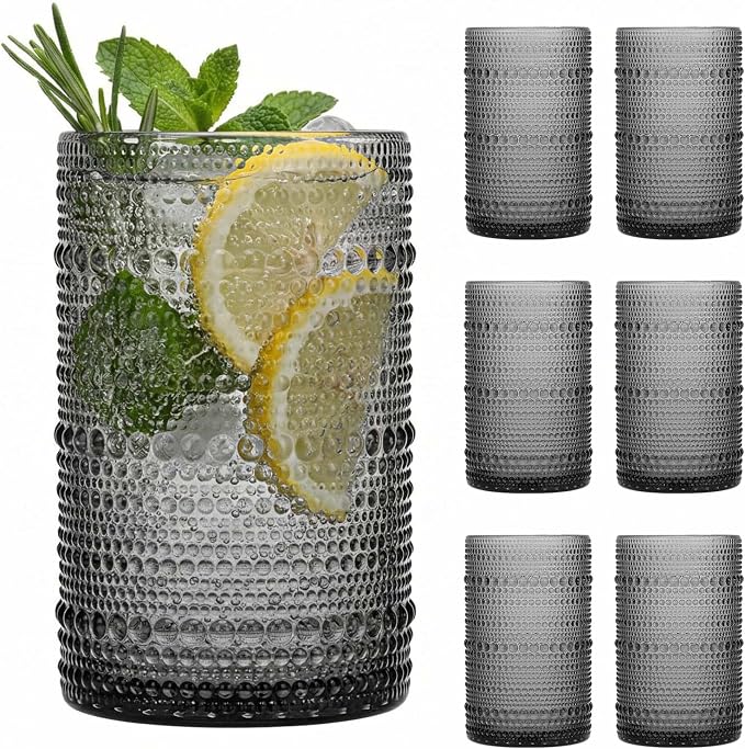 Moretoes 15oz Gray Hobnail Drinking Glasses Set of 6 | Vintage Highball Glass Cups, Kitchen Drinkware Glassware for Beer,Cocktail,Whiskey,Juice and Various Mixed Drinks