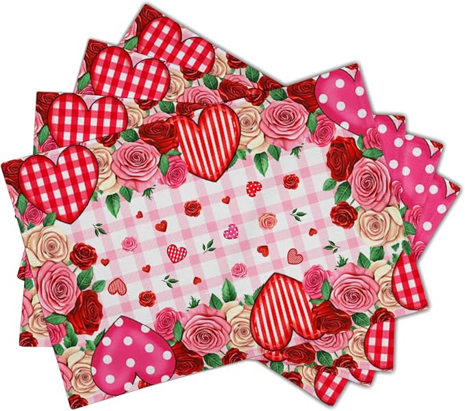 Red Rose Love Heart Polka Dots Stripe Placemat Set of 4,12x18 Inch Romantic Vintage Floral Farmhouse Holiday Wedding Anniversary Table Mats for Party Kitchen Dining Decoration