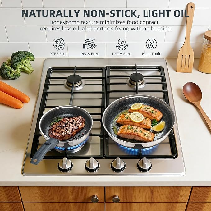 Hybrid Non Stick Frying Pans Set 3-Piece, 8 & 10 Inch Tri-Ply Stainless Steel Pans Set with Detachable Handle, PFOA Free Kitchen Skillets for All Cooktops, Dishwasher & Oven-Safe Cooking Pan
