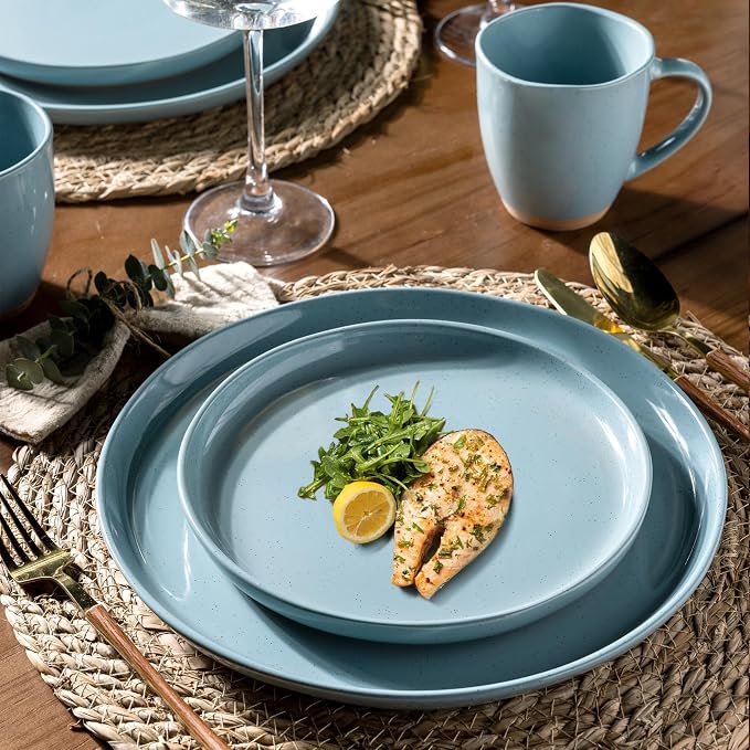 AmorArc Dinnerware Sets for 4, 12 Pieces Ceramic Plates and Bowls Set | Scratch Resistant Stoneware Dishes Set, Dishwasher & Microwave Safe, Stone Blue