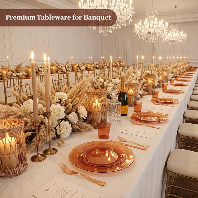 DaYammi 210PCS Clear Amber Plastic Dinnerware Set for 30 Guests, Fancy Disposable Plates for Party, Include: 30 Dinner Plates, 30 Dessert Plates, 30 Pre Rolled Napkins with Silverware, 30 Cups