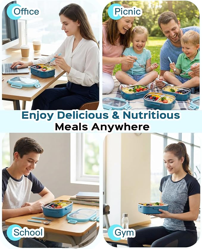 Lille Home 28oz Stainless Steel Leakproof 2-Compartment Bento Lunch Box | Portion Control Metal Lunch Box Food Container with Lunch Bag and Cutlery Set, BPA Free (Light Blue)