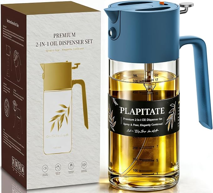 PLAPITATE 17oz/500ml Premium Olive Oil Sprayer for Cooking, 2 in 1 Glass Olive Oil Dispenser Bottle for Kitchen Gadgets, Spray Bottle with Portion Control for Salad, Frying, BBQ (Blue)