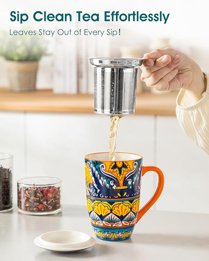 vancasso 18 Oz Tea Infuser Mug with Lid, Amber Iris Bloom | Eye-Catching Bohemian Pattern, Adds Charm to Any Tea Corner, Ceramic Mug with Infuser, Microwave and Dishwasher Safe