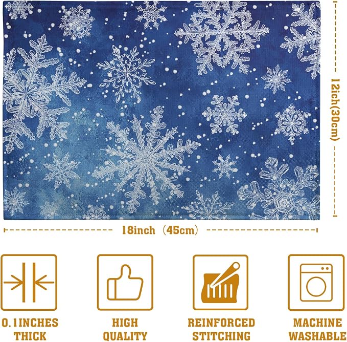 Winter Blue Snowflake Placemats Set of 4 Merry Christmas Snowflakes Linen Fabric Table Mats Seasonal Xmas Holiday Washable Place Mats for Party Kitchen Dining Outdoor Indoor Decor