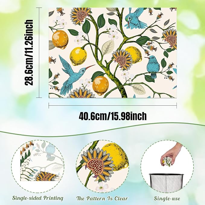 50 Pack Vintage Lemon Disposable Paper Placemats 11 x 16 Inches | Hummingbird Floral, Dinner Table Setting, Wedding Birthday Party Supplies