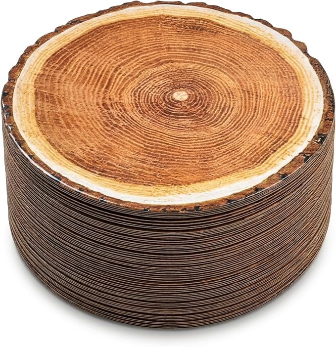 Wood Slice Placemats 50 Pack Rustic Round Disposable Paper Place Mats 13.5" | Farmhouse Woodland Table Décor for Camping BBQ Wedding Parties