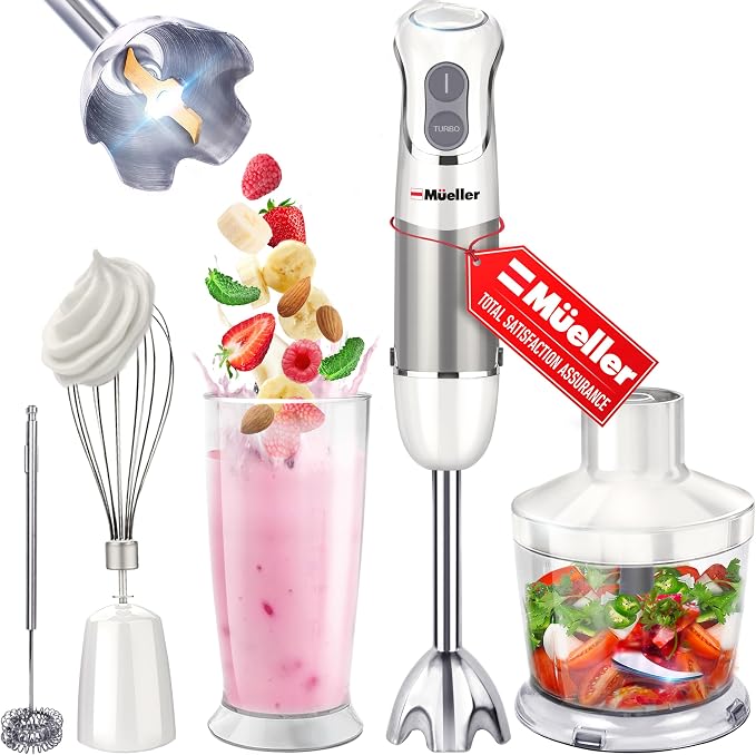 Mueller Multistick 5-in-1 Immersion Blender Handheld, 12-Speed Hand Mixer | Turbo Boost, Heaviest Duty Copper Motor, Titanium Blades Hand Blender, Milk Frother Wand, Whisk, Beaker, Chopper, White