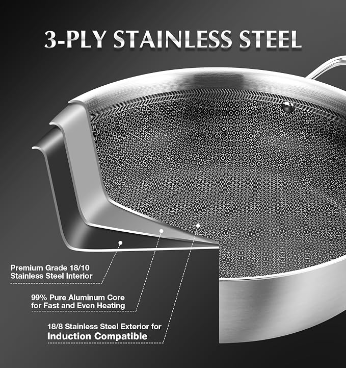 KOCH SYSTEME CS Triply Stainless Steel Saute Pan 12 Inch, Nonstick Hybrid Stainless Steel Saute Pan with Lid, 6 Quart Deep Frying Pan with Honeycomb Interior, 18/10 Steel Pans, Induction Compatible