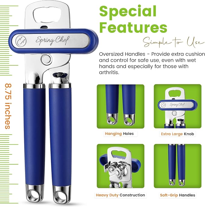 Spring Chef Stainless Steel Manual Can Opener w/Soft Grip Handle, Sapphire | Heavy Duty Hand Can Opener for Seniors with Smooth Edge, Easy Turn, 3in1 Can Opener with Magnetic Lid Remover & Bottle Opener