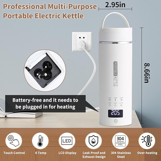 Compact Portable Electric Kettle, LCD Display with 6 Temperature Settings, 304 Stainless Steel, 450ml/15.2oz, Auto Shut-Off and Boil-Dry Protection, Travel Electric Kettle Teapot, White